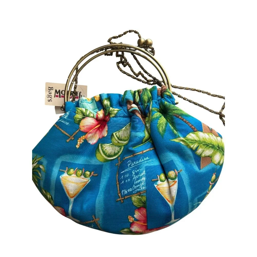 Morrieg Tropical Print Metal Frame Chain Strap Blue Floral Cocktail Design Bag - Picture 8 of 8